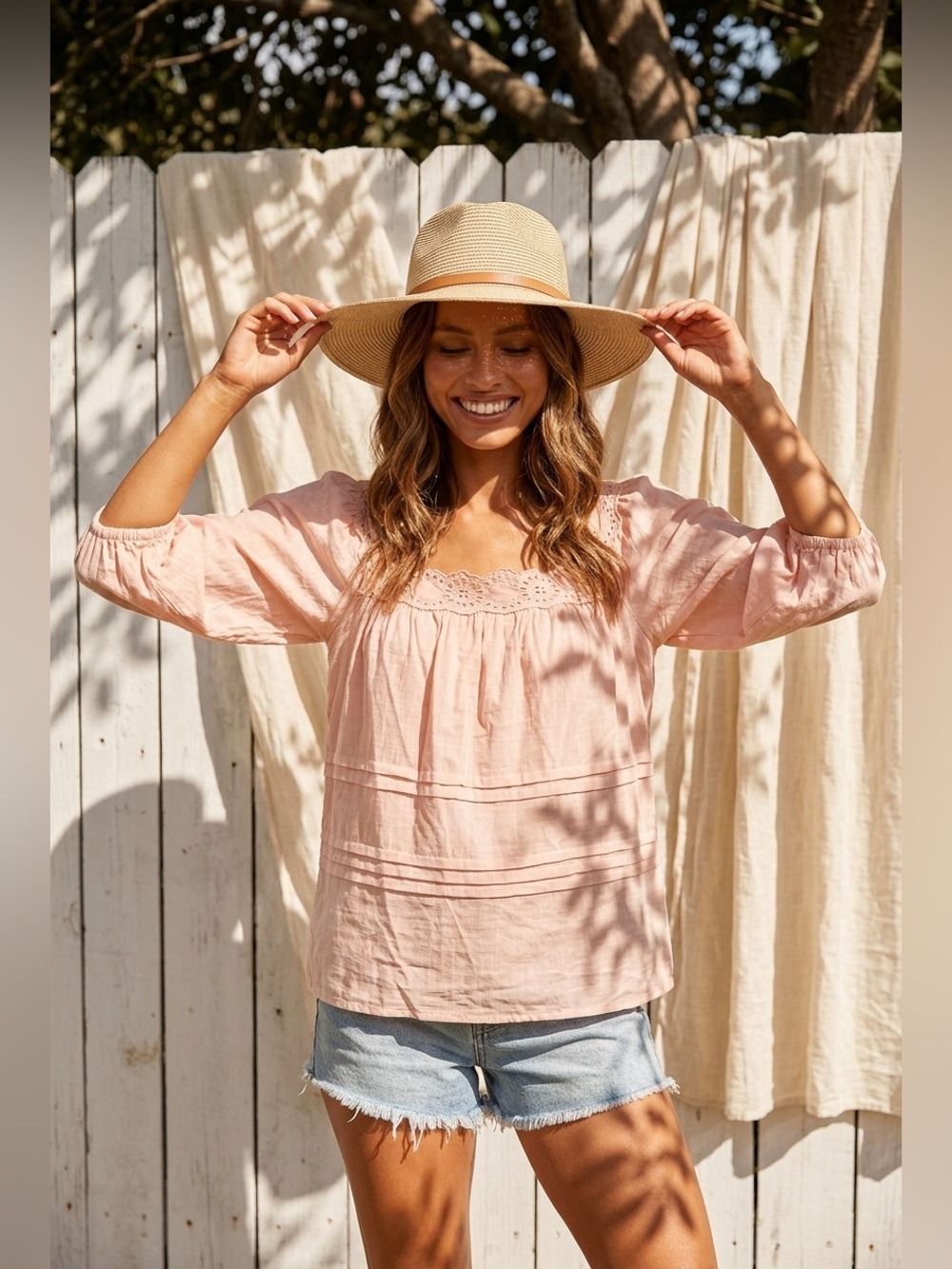 NWOT Pink Cotton Baby Doll Blouse with Lace Detail – Size S